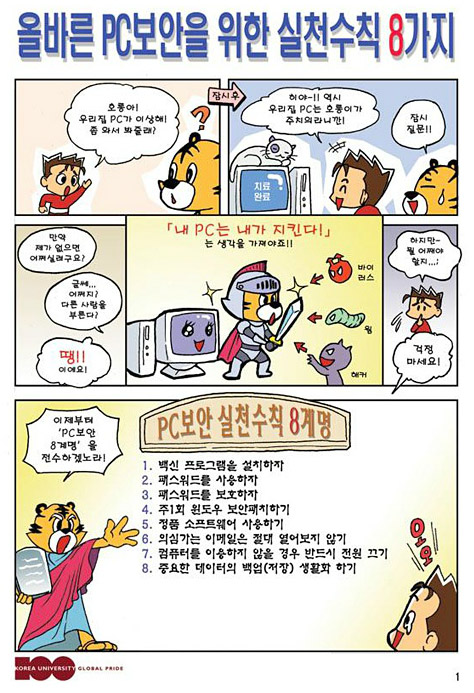 pc보안 실천 수칙 8계명 : 1. 백신 프로그램을 설치하자 2. 패스워드를 사용하자 3. 패스워드를 보호하자 4. 주1회 윈도우 보안패치하기 5. 정품 소프트웨어 사용하기 6. 의심가는 이메일은 절대 열어보지 않기 7. 컴퓨터를 이용하지 않을 경우 반드시 전원 끄기 8. 중요한 데이터의 백업(저장) 생활화 하기